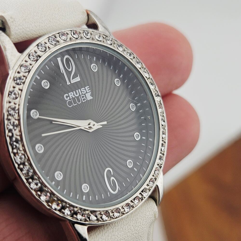 Cruise Club Women's Crystal Bezel Bling Sparkle Watch White Faux Leather Strap - Picture 3 of 6